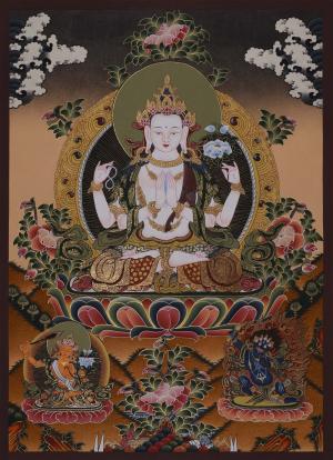 Hand-Painted Four Armed Chengrezig with Manjushri and Vajrapani | Tibetan Bodhisattva Thangka